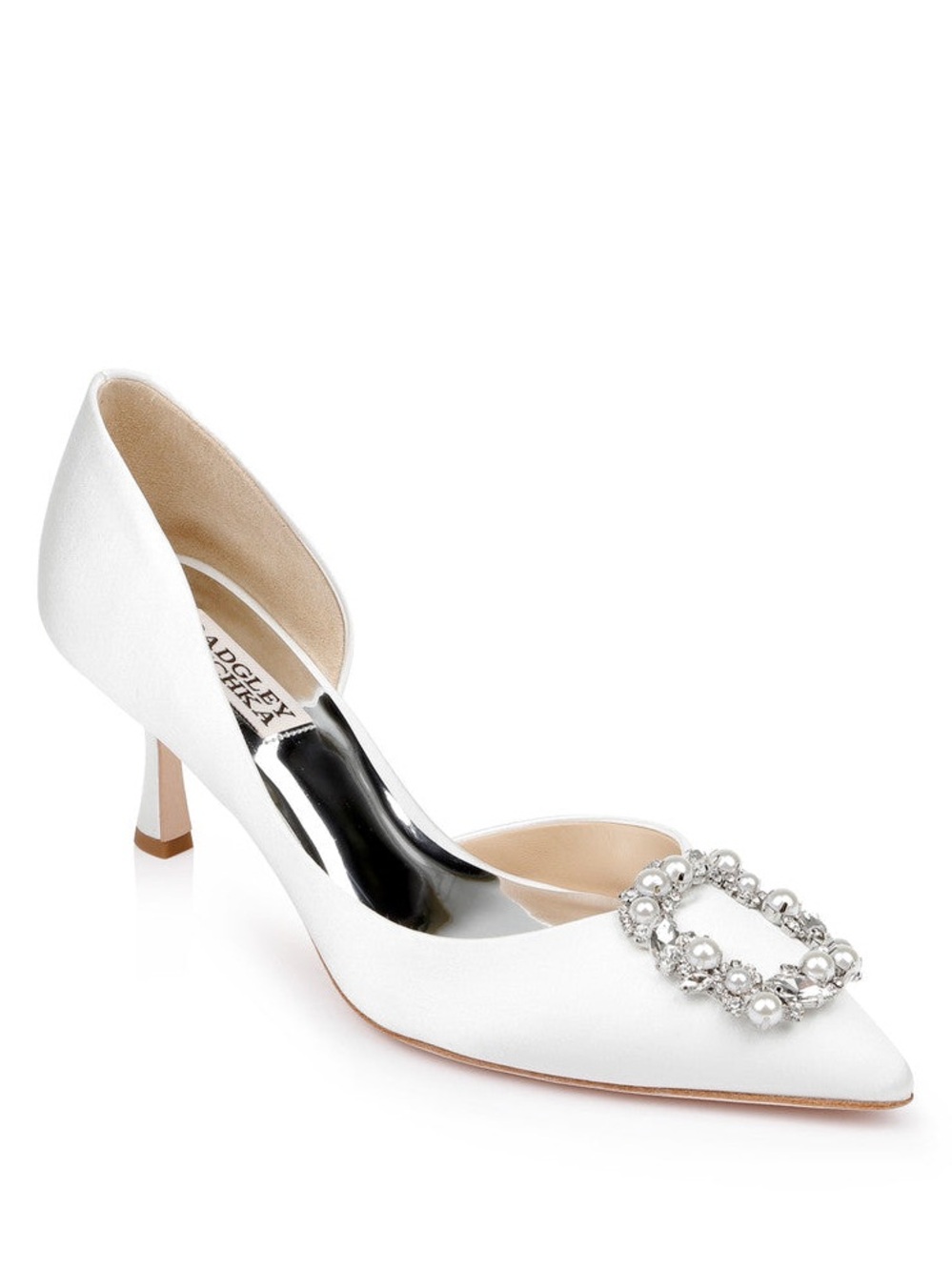 Badgley Mischka Fabia White Satin Crystal Pearl Bridal Heels Size 8